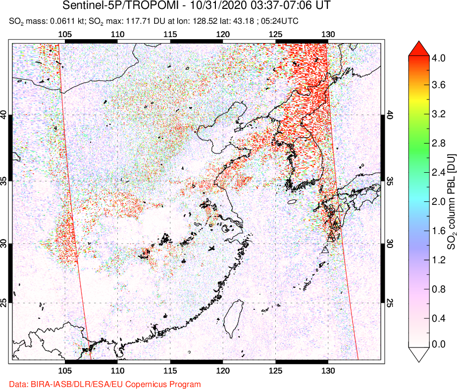 A sulfur dioxide image over Eastern China on Oct 31, 2020.