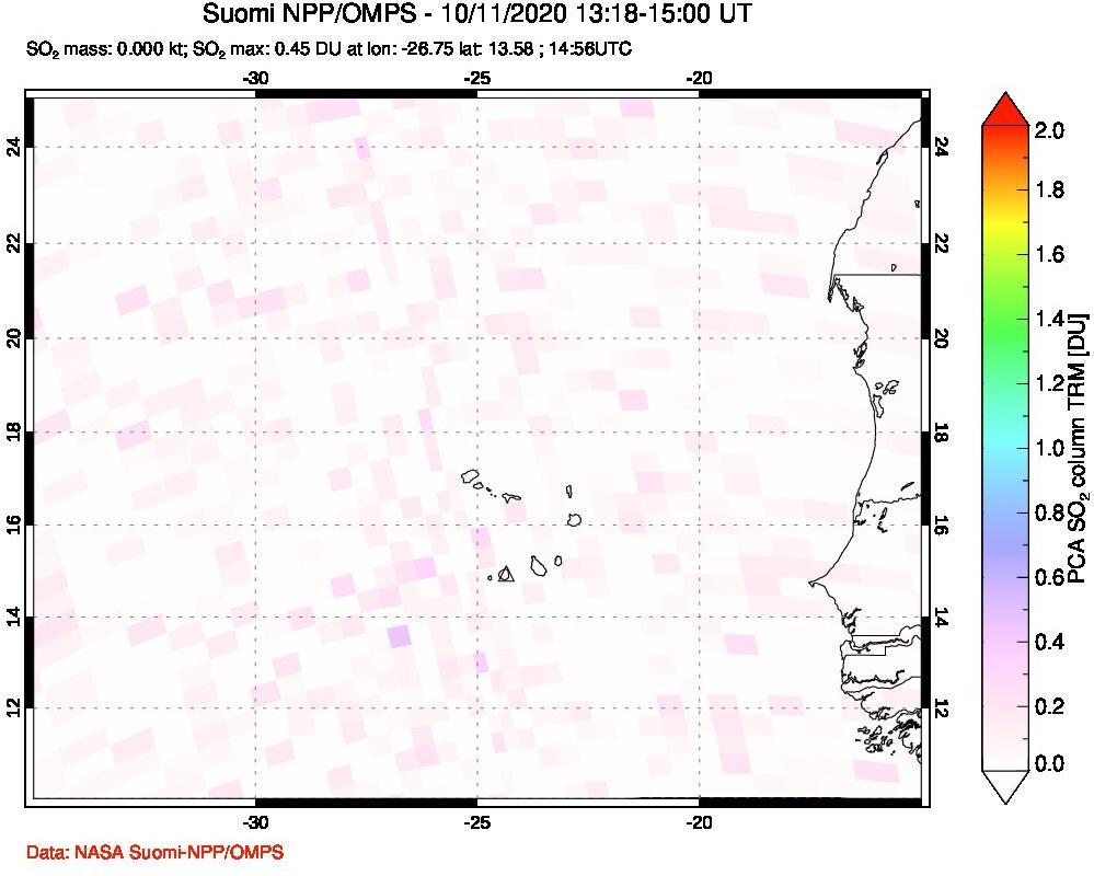 A sulfur dioxide image over Cape Verde Islands on Oct 11, 2020.