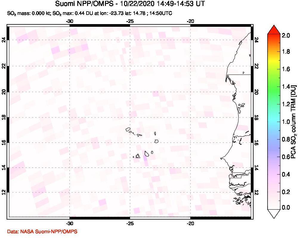 A sulfur dioxide image over Cape Verde Islands on Oct 22, 2020.