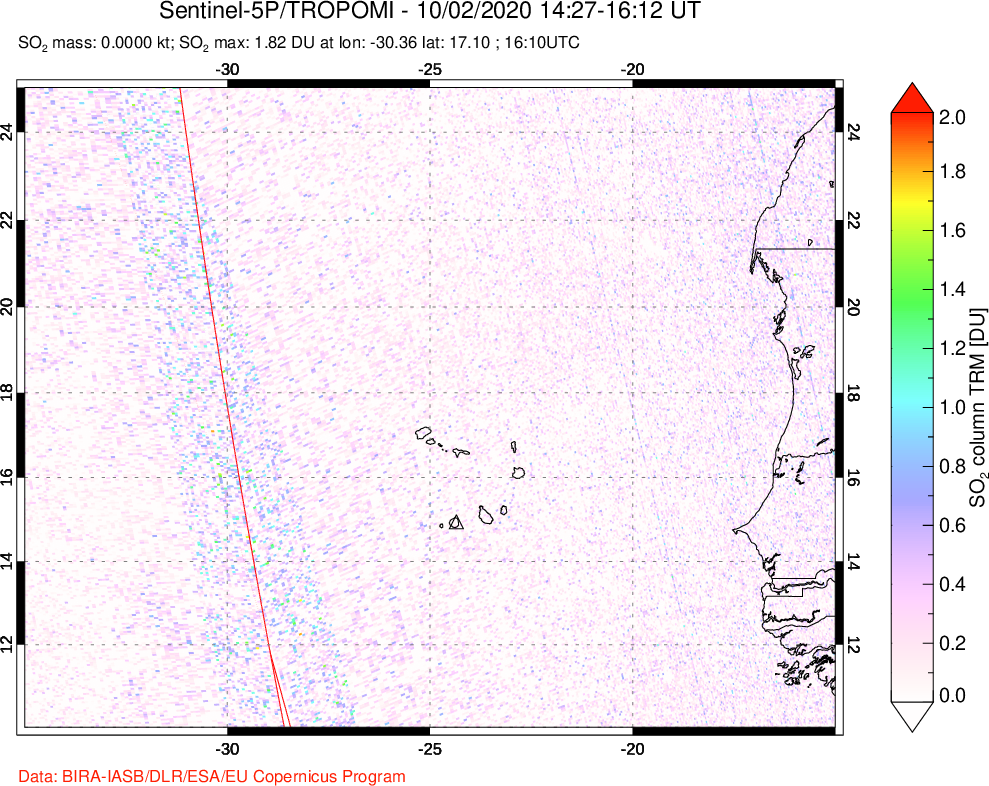 A sulfur dioxide image over Cape Verde Islands on Oct 02, 2020.