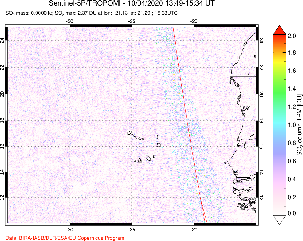 A sulfur dioxide image over Cape Verde Islands on Oct 04, 2020.