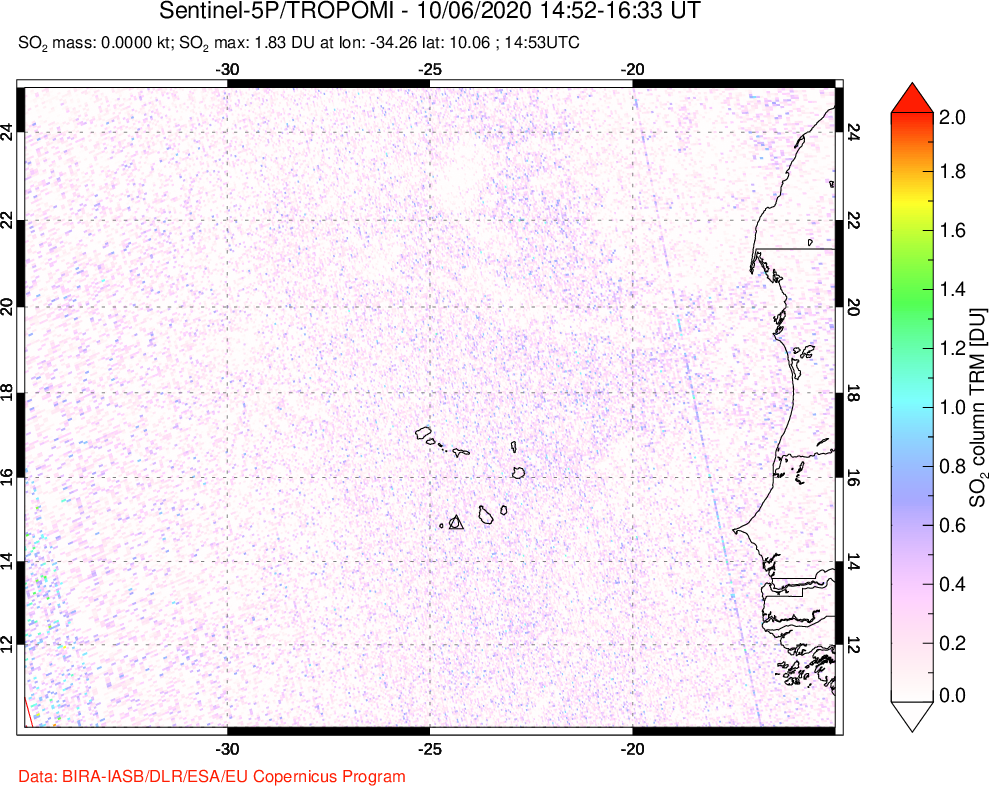 A sulfur dioxide image over Cape Verde Islands on Oct 06, 2020.