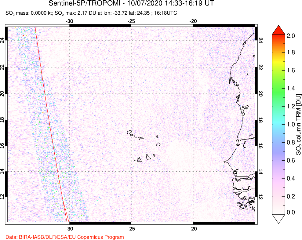 A sulfur dioxide image over Cape Verde Islands on Oct 07, 2020.