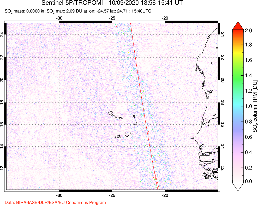 A sulfur dioxide image over Cape Verde Islands on Oct 09, 2020.