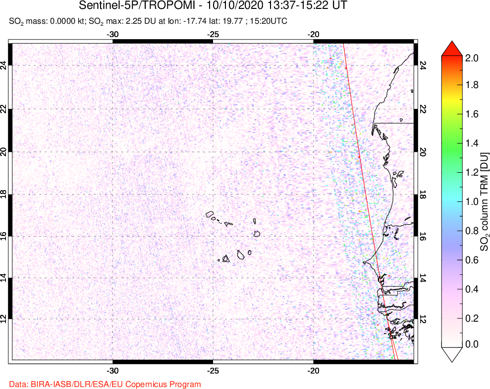 A sulfur dioxide image over Cape Verde Islands on Oct 10, 2020.