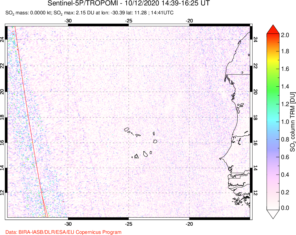 A sulfur dioxide image over Cape Verde Islands on Oct 12, 2020.