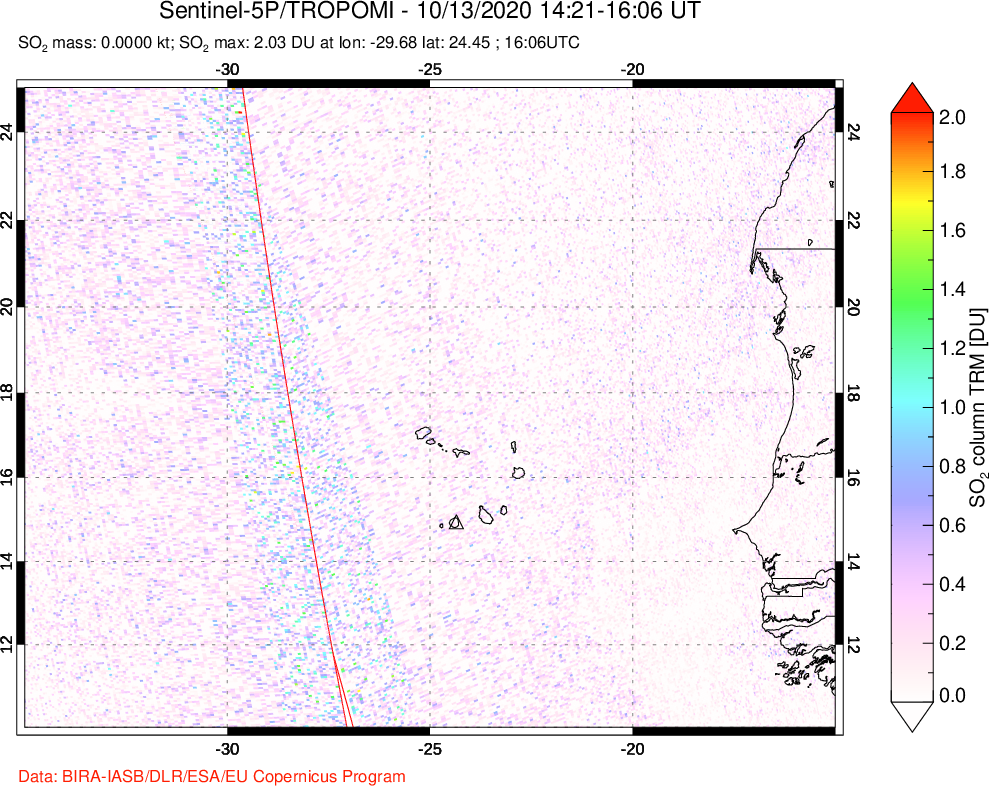 A sulfur dioxide image over Cape Verde Islands on Oct 13, 2020.