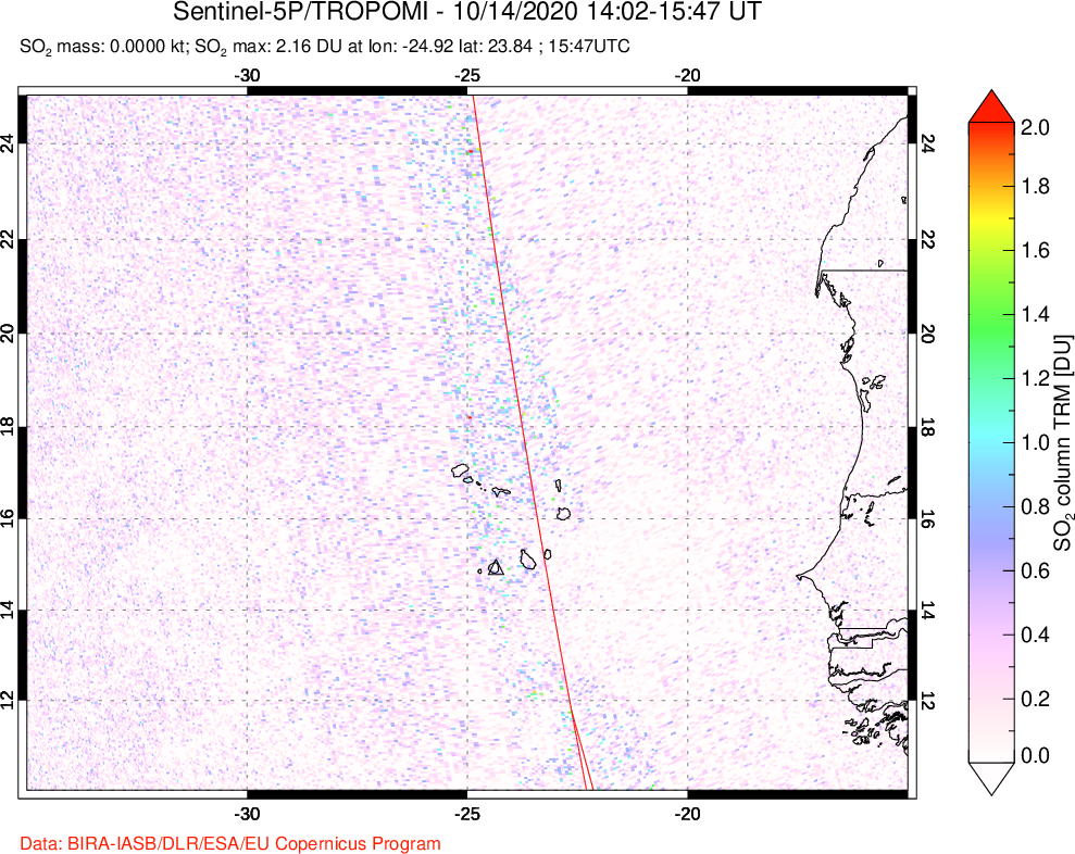A sulfur dioxide image over Cape Verde Islands on Oct 14, 2020.