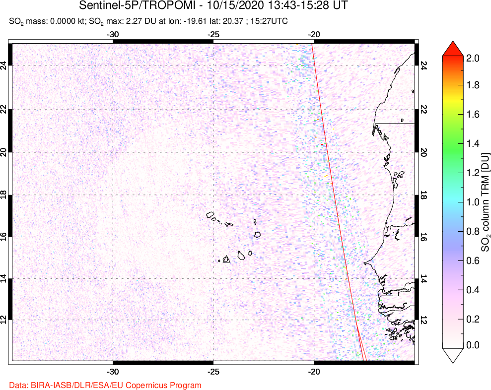 A sulfur dioxide image over Cape Verde Islands on Oct 15, 2020.
