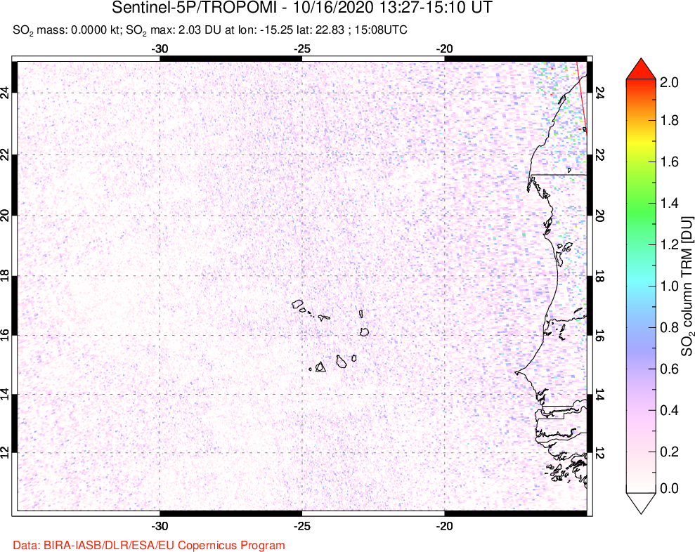 A sulfur dioxide image over Cape Verde Islands on Oct 16, 2020.