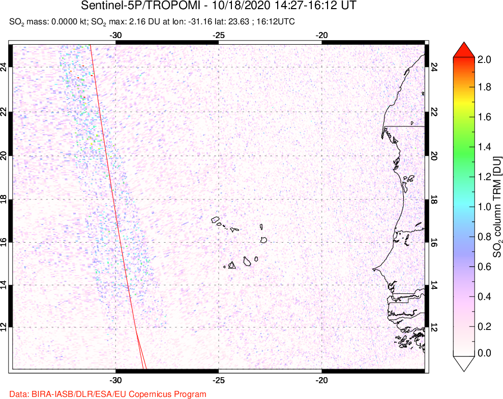 A sulfur dioxide image over Cape Verde Islands on Oct 18, 2020.
