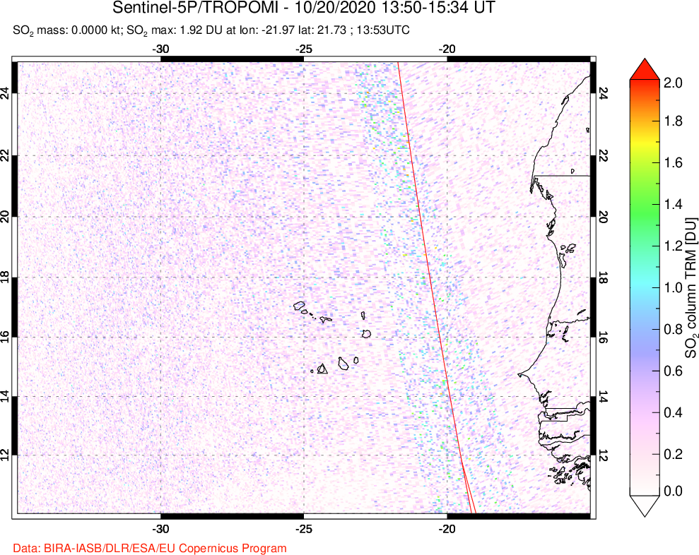 A sulfur dioxide image over Cape Verde Islands on Oct 20, 2020.