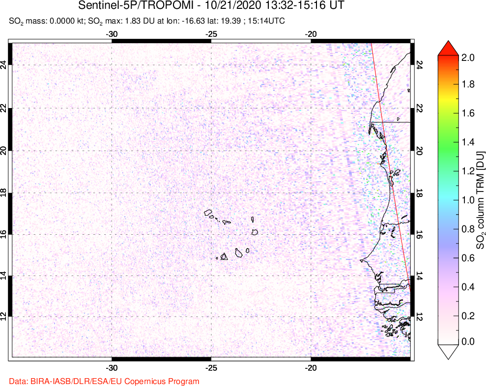 A sulfur dioxide image over Cape Verde Islands on Oct 21, 2020.