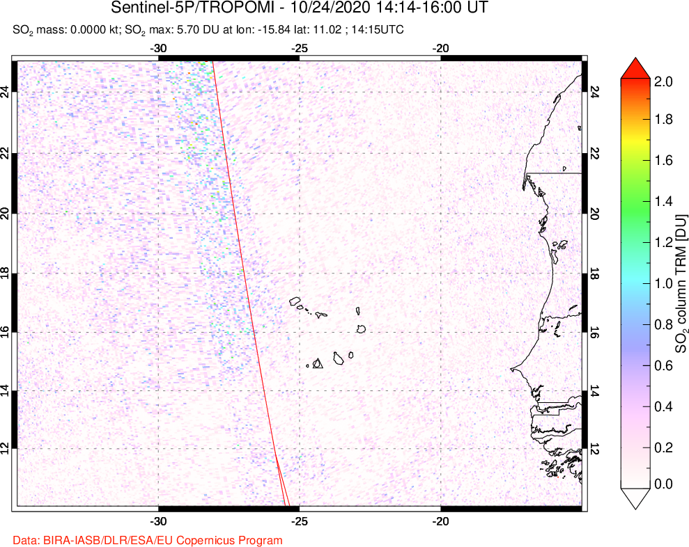 A sulfur dioxide image over Cape Verde Islands on Oct 24, 2020.