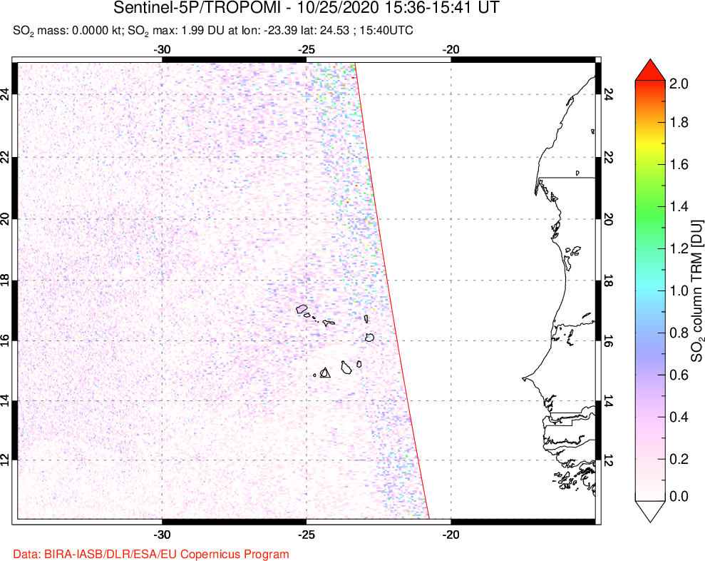 A sulfur dioxide image over Cape Verde Islands on Oct 25, 2020.