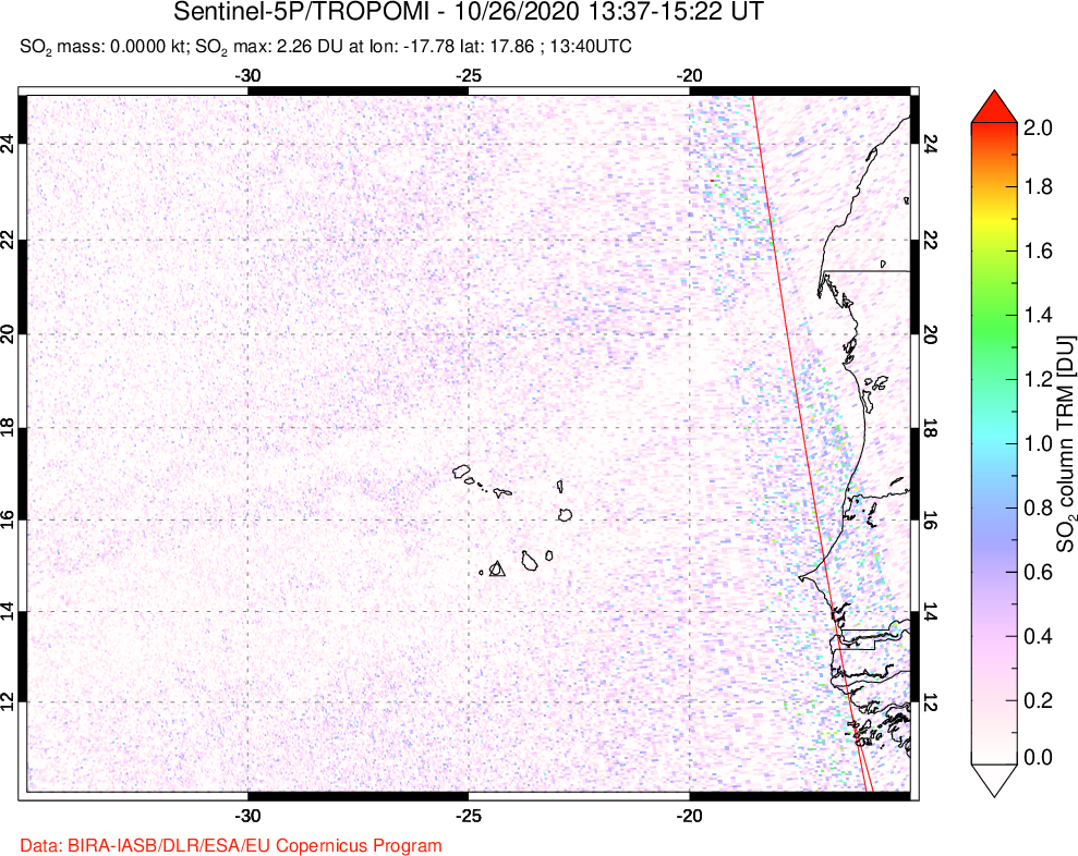 A sulfur dioxide image over Cape Verde Islands on Oct 26, 2020.