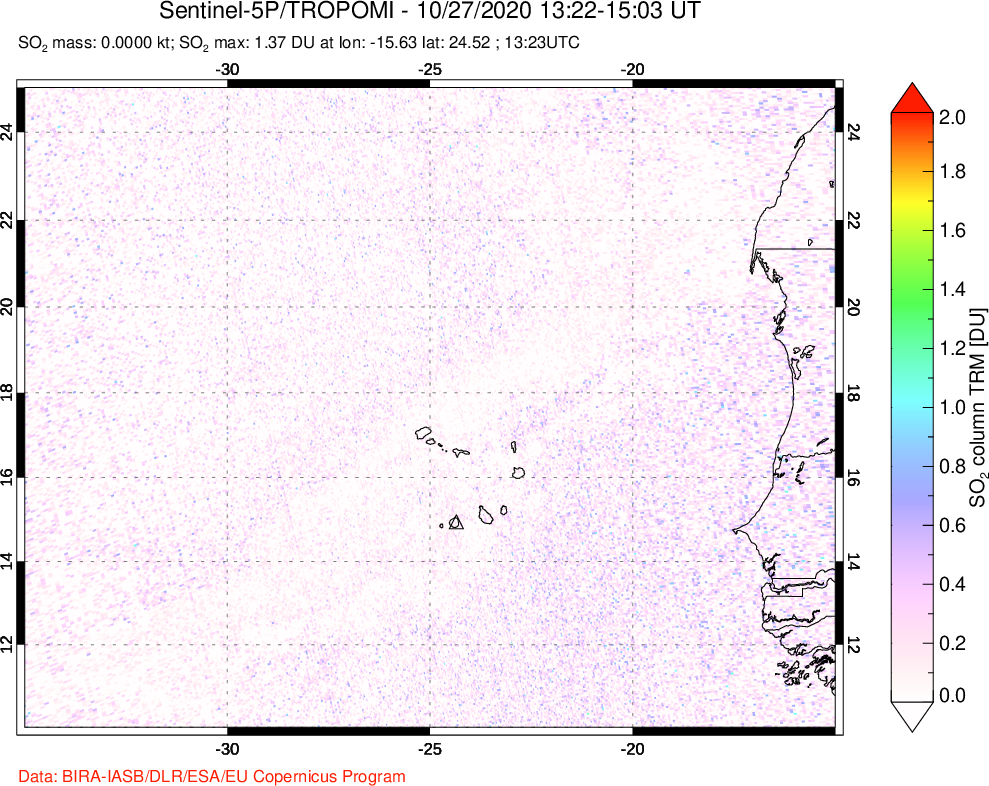 A sulfur dioxide image over Cape Verde Islands on Oct 27, 2020.