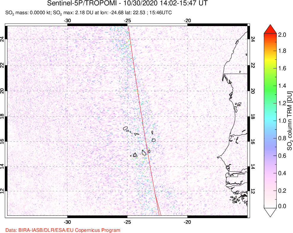 A sulfur dioxide image over Cape Verde Islands on Oct 30, 2020.
