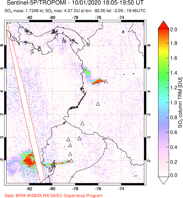A sulfur dioxide image over Ecuador on Oct 01, 2020.