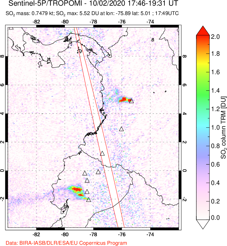 A sulfur dioxide image over Ecuador on Oct 02, 2020.