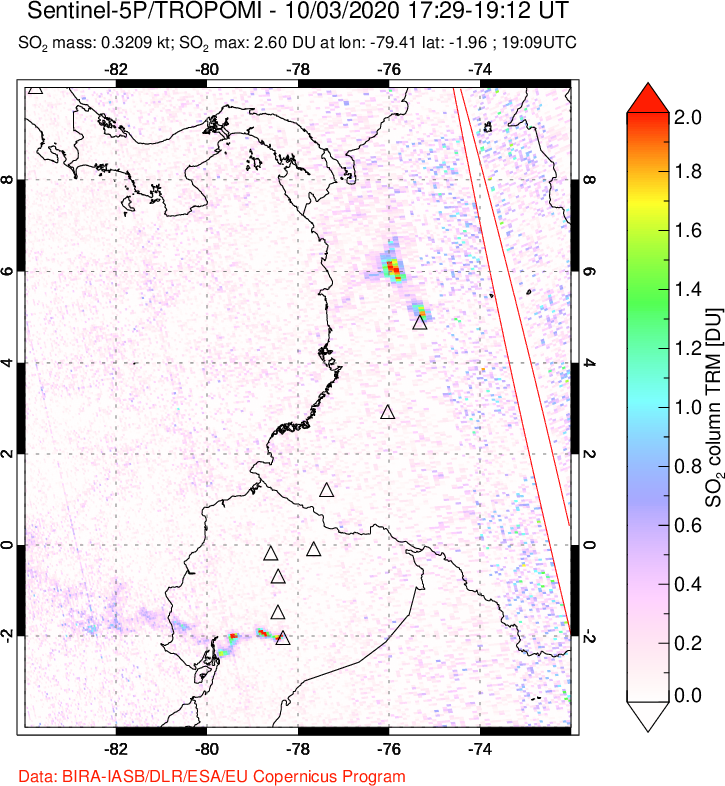 A sulfur dioxide image over Ecuador on Oct 03, 2020.