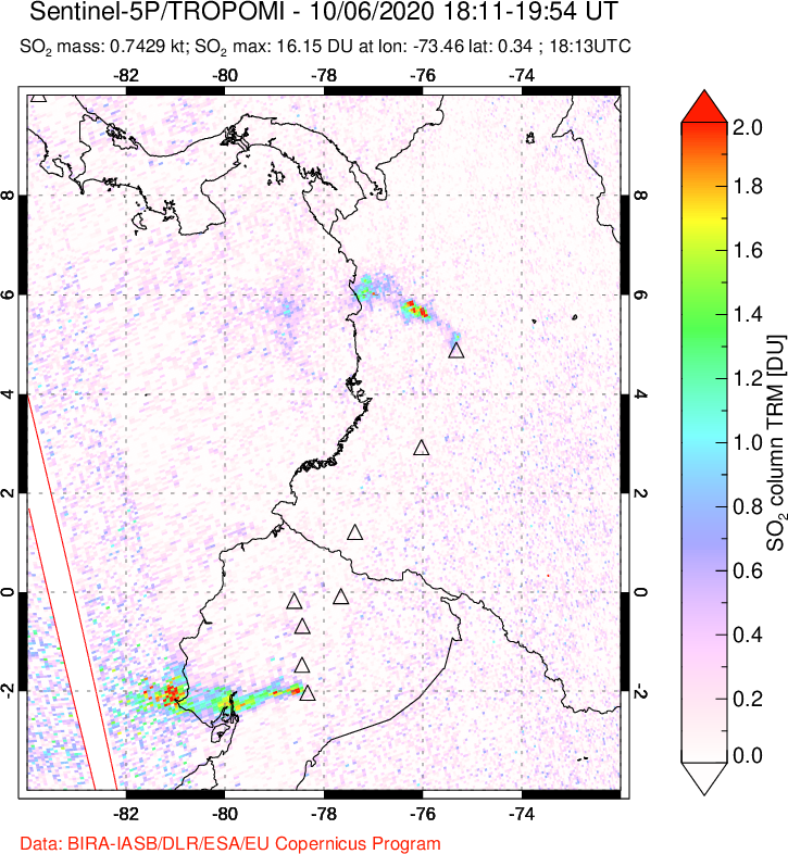 A sulfur dioxide image over Ecuador on Oct 06, 2020.