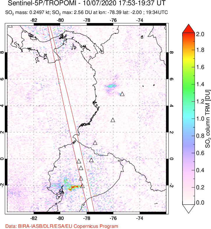 A sulfur dioxide image over Ecuador on Oct 07, 2020.