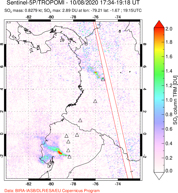 A sulfur dioxide image over Ecuador on Oct 08, 2020.
