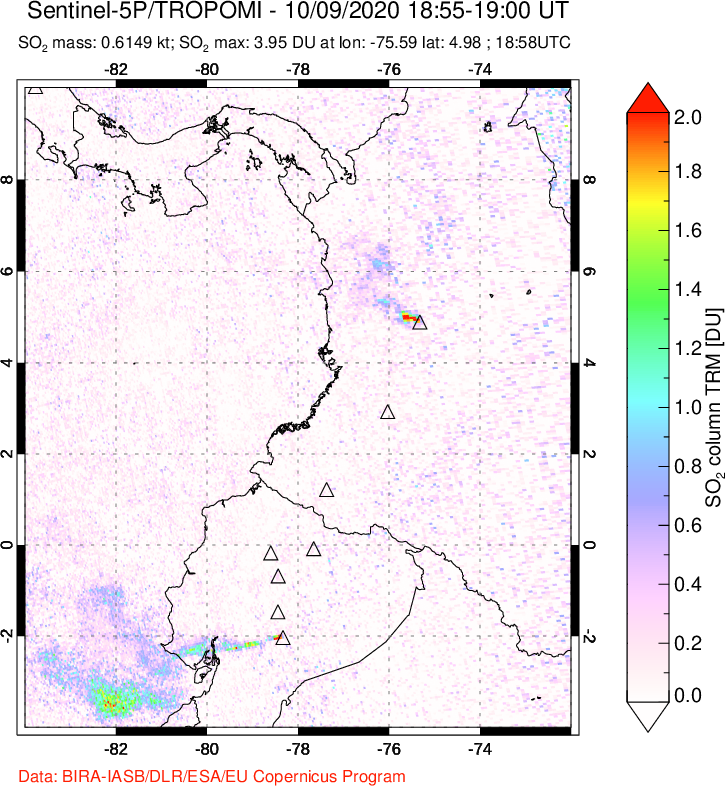 A sulfur dioxide image over Ecuador on Oct 09, 2020.