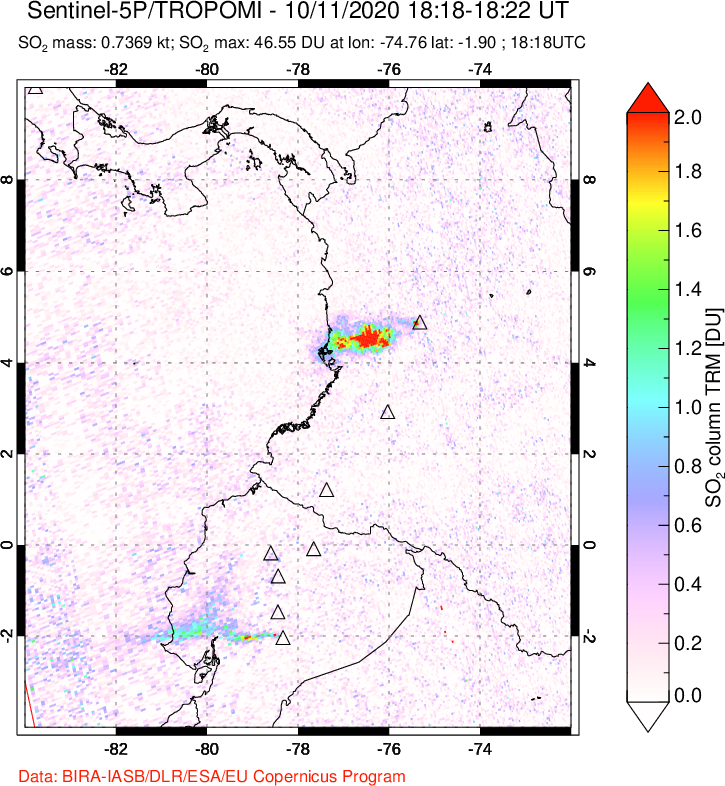 A sulfur dioxide image over Ecuador on Oct 11, 2020.