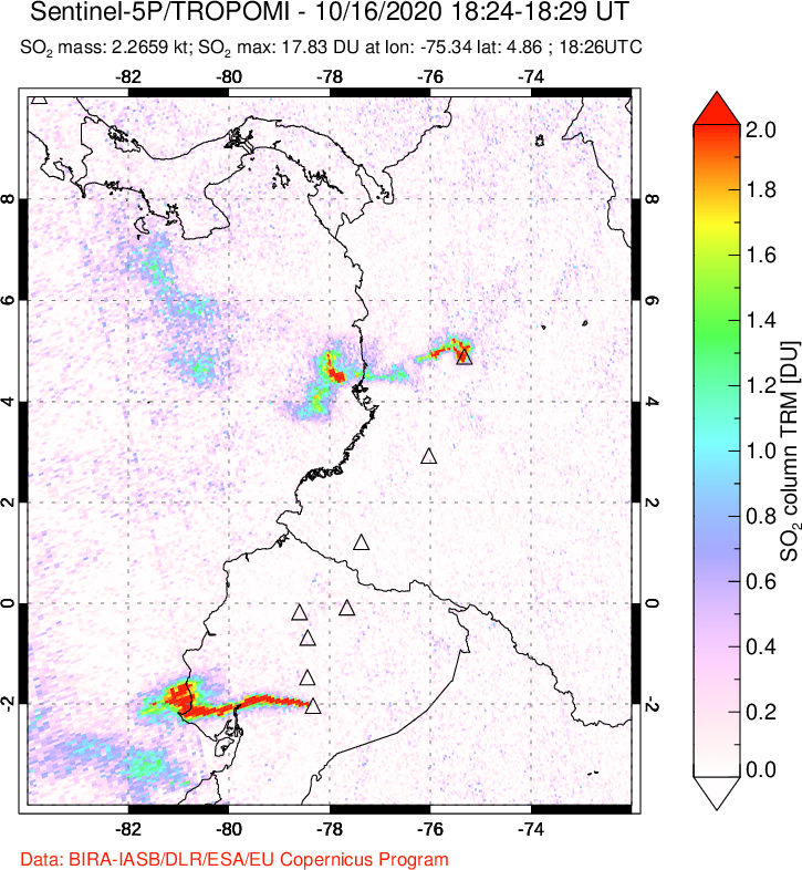 A sulfur dioxide image over Ecuador on Oct 16, 2020.