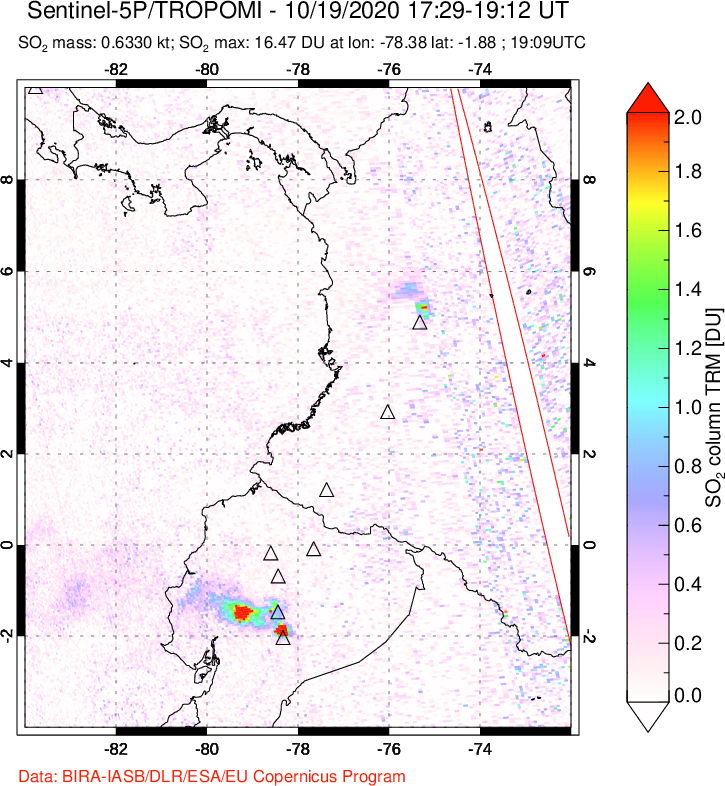 A sulfur dioxide image over Ecuador on Oct 19, 2020.
