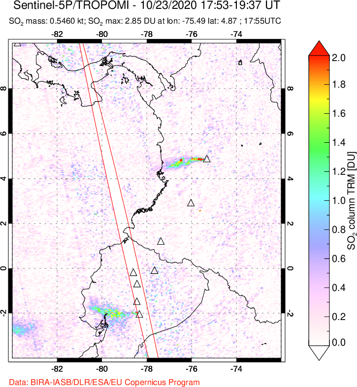 A sulfur dioxide image over Ecuador on Oct 23, 2020.