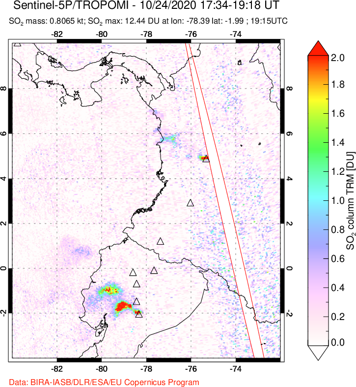 A sulfur dioxide image over Ecuador on Oct 24, 2020.
