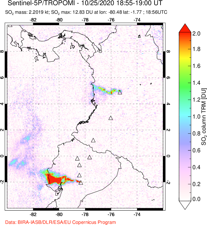 A sulfur dioxide image over Ecuador on Oct 25, 2020.
