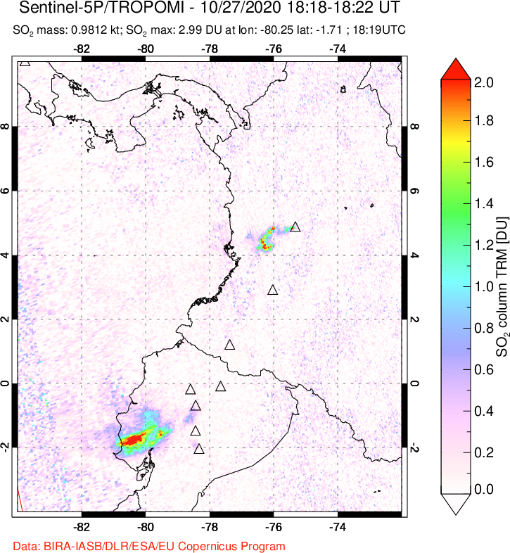 A sulfur dioxide image over Ecuador on Oct 27, 2020.