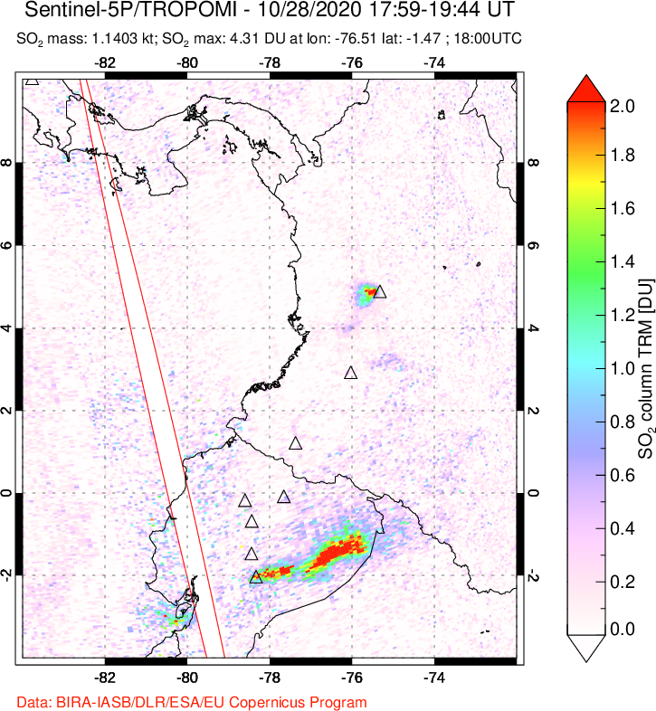 A sulfur dioxide image over Ecuador on Oct 28, 2020.