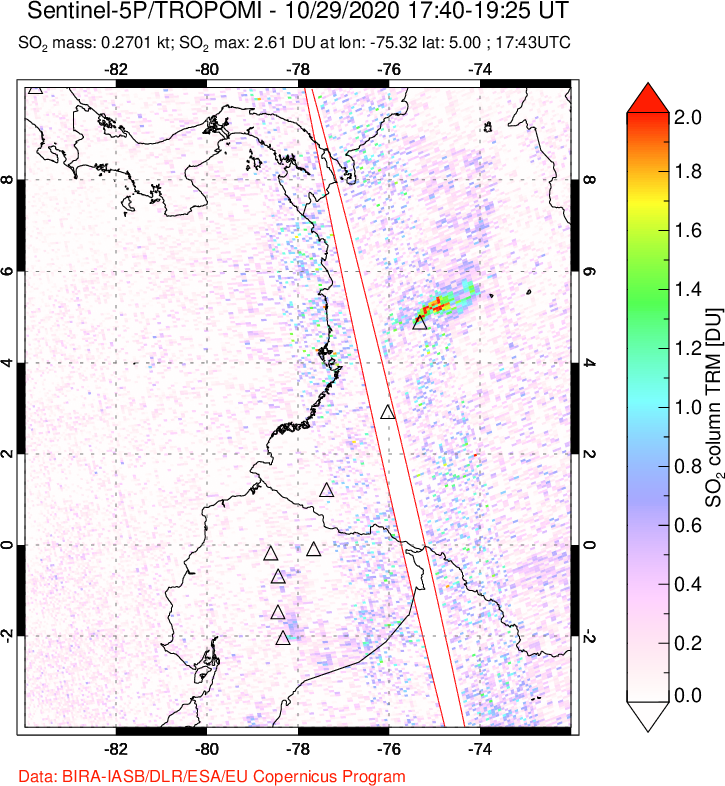 A sulfur dioxide image over Ecuador on Oct 29, 2020.