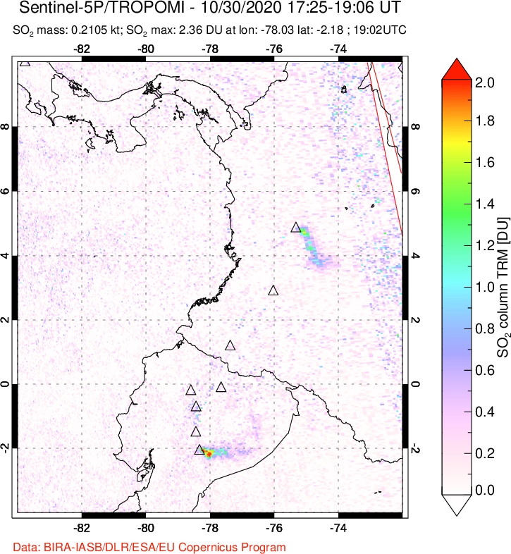 A sulfur dioxide image over Ecuador on Oct 30, 2020.