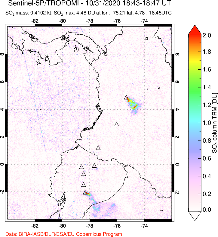 A sulfur dioxide image over Ecuador on Oct 31, 2020.