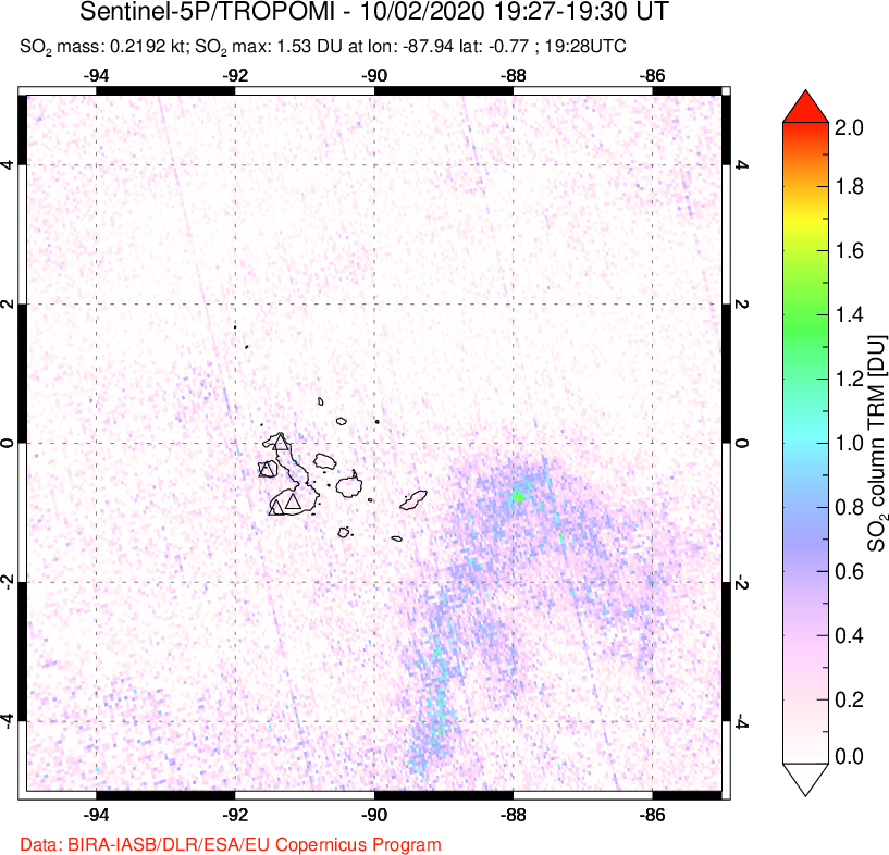 A sulfur dioxide image over Galápagos Islands on Oct 02, 2020.