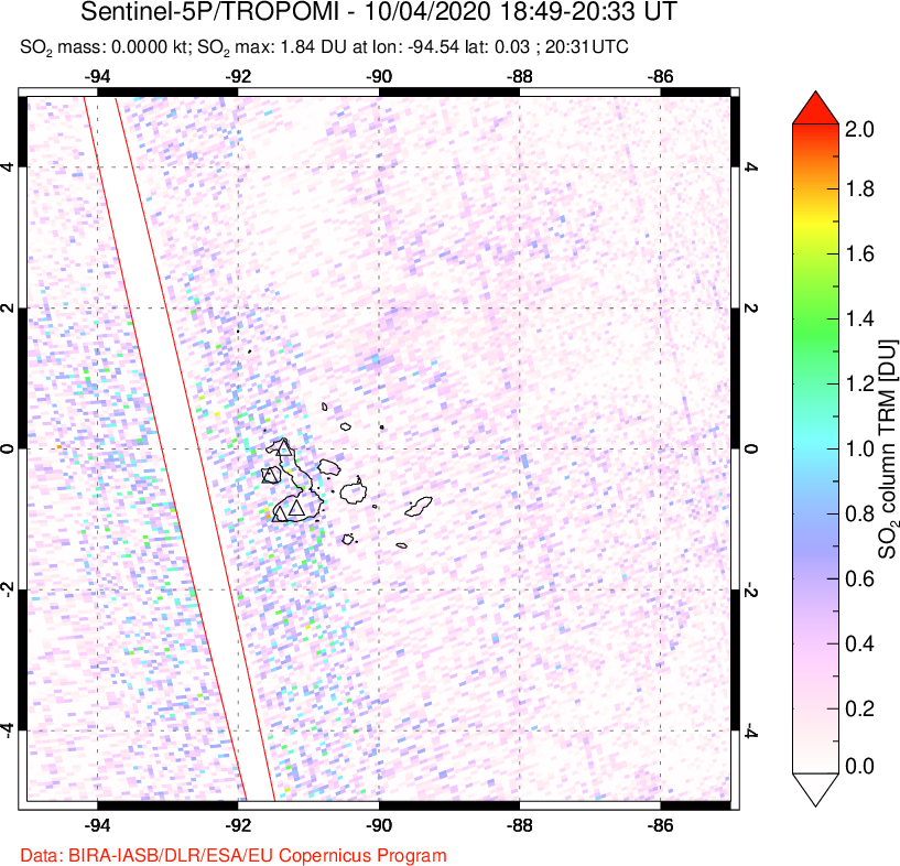 A sulfur dioxide image over Galápagos Islands on Oct 04, 2020.