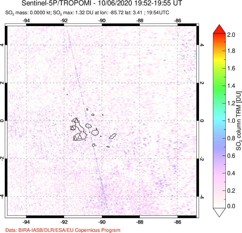 A sulfur dioxide image over Galápagos Islands on Oct 06, 2020.