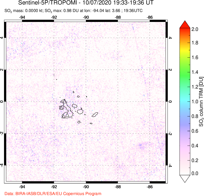 A sulfur dioxide image over Galápagos Islands on Oct 07, 2020.