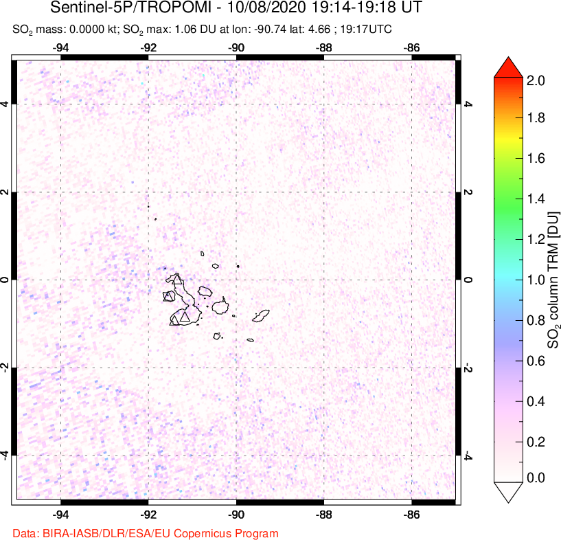 A sulfur dioxide image over Galápagos Islands on Oct 08, 2020.