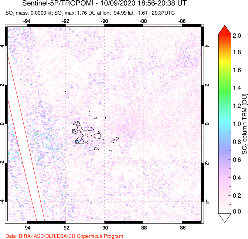 A sulfur dioxide image over Galápagos Islands on Oct 09, 2020.