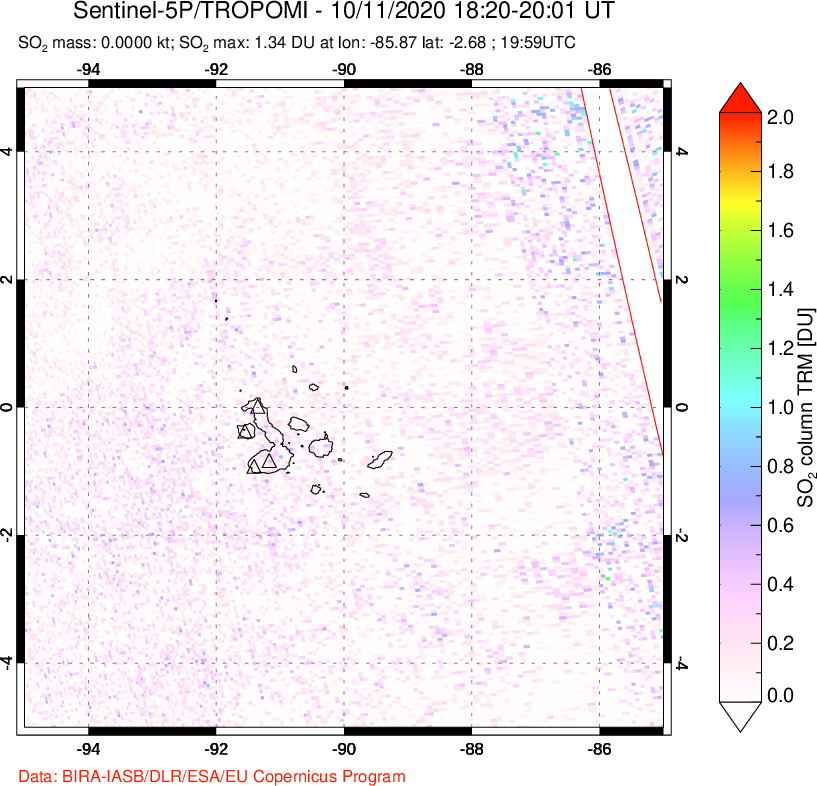 A sulfur dioxide image over Galápagos Islands on Oct 11, 2020.