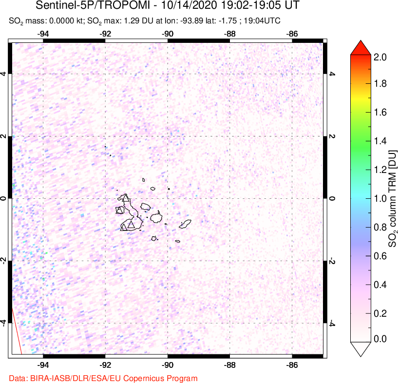 A sulfur dioxide image over Galápagos Islands on Oct 14, 2020.