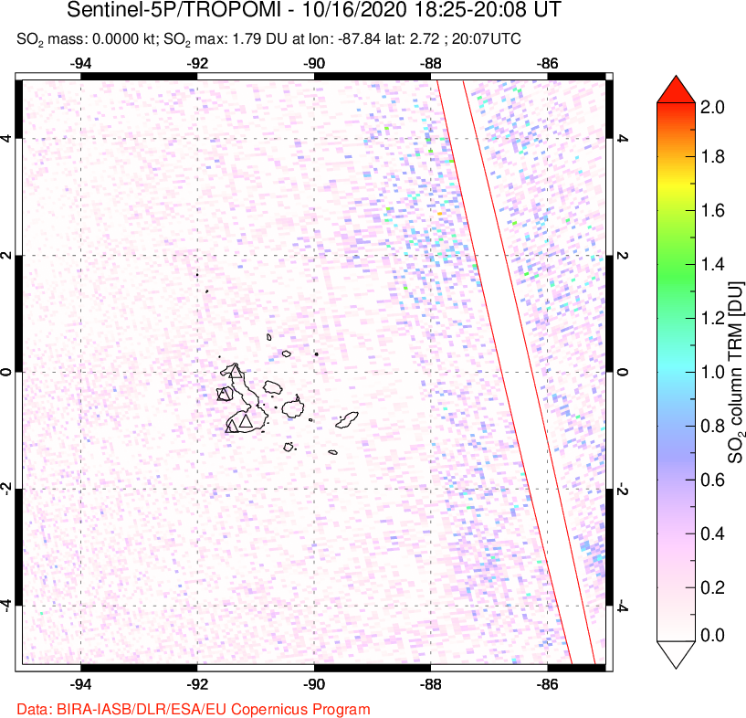 A sulfur dioxide image over Galápagos Islands on Oct 16, 2020.
