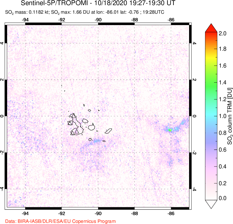 A sulfur dioxide image over Galápagos Islands on Oct 18, 2020.